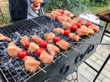 Barbekü tavuk eti ile sebze kömürlerin üzerinde. Izgara sebzeli tavuk şiş 