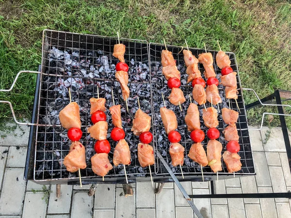 Barbecue van kippenvlees met groenten op de kolen. Kipspiesjes met gegrilde groenten — Stockfoto