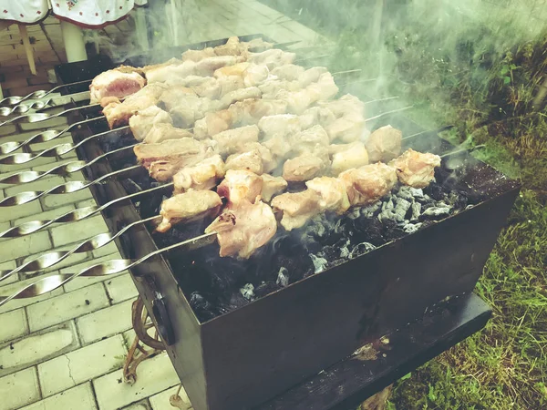 Mcvadi - shashlik preparing on a barbecue grill over charcoal. Roasted stacked meat traditional cuisine in Georgia — Stock Photo, Image