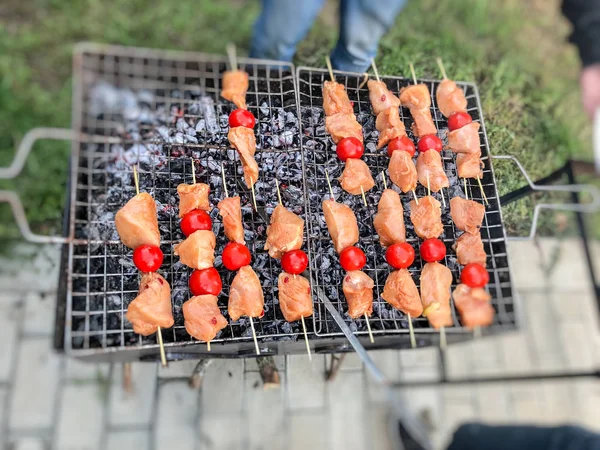 Barbecue of chicken meat with vegetables on the coals. Chicken skewers with grilled vegetables — Stock Photo, Image