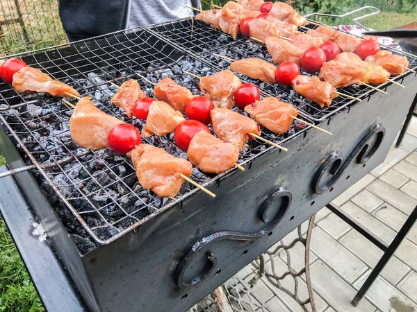 Barbekü tavuk eti ile sebze kömürlerin üzerinde. Izgara sebzeli tavuk şiş 