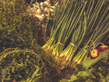 Yeşil, yeşil soğan, Bahçe turp, sarımsak. Sebze. Yaz sağlıklı gıda