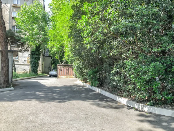 TBILISI, GEORGIA - - 17 DE MAYO DE 2018: El patio de una casa, árboles en flor, coches en el patio. Primavera en la ciudad —  Fotos de Stock