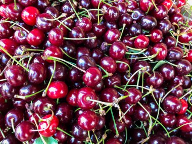 Olgun Bahçe Kırmızı Kiraz. Meyve, vitaminler. Yaz sağlıklı gıda