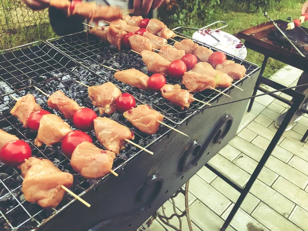 Barbekü tavuk eti ile sebze kömürlerin üzerinde. Izgara sebzeli tavuk şiş 
