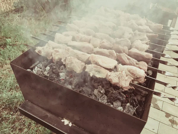 Mcvadi - šašlik, příprava na barbecue gril na dřevěné uhlí. Pečené maso skládané tradiční kuchyni v Gruzii — Stock fotografie