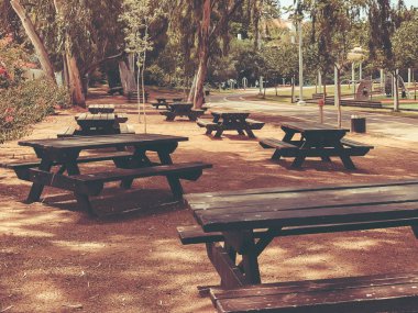 Parktaki banklar ile ahşap masa