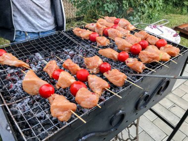Barbekü tavuk eti ile sebze kömürlerin üzerinde. Izgara sebzeli tavuk şiş 