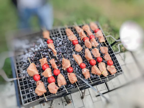 Grillen von Hühnerfleisch mit Gemüse auf den Kohlen. Hühnerspieße mit gegrilltem Gemüse — Stockfoto