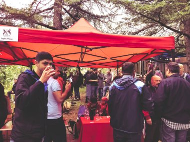 Tiflis, Gürcistan - 12 Mayıs 2018: Gürcüce Festivali şarap ve şarap füniküler Tiflis, Gürcistan'daki üzerinde Mtatsminda Park yapımı
