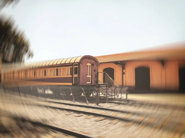 Overview of the rails and a wagon, in the old train station.  Abstract motion blur effect — Stock Photo, Image