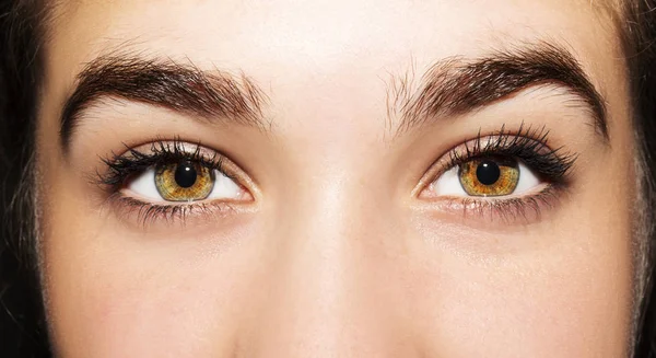 Güzel bir anlayışlı kadın bakışı. Yakın çekim..