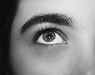 Güzel, anlayışlı bir kız gözü. Yakın çekim..