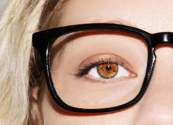 Ein schön aufschlussreicher Blick Frauenauge. Frau mit Brille. Nahaufnahme — Stockfoto