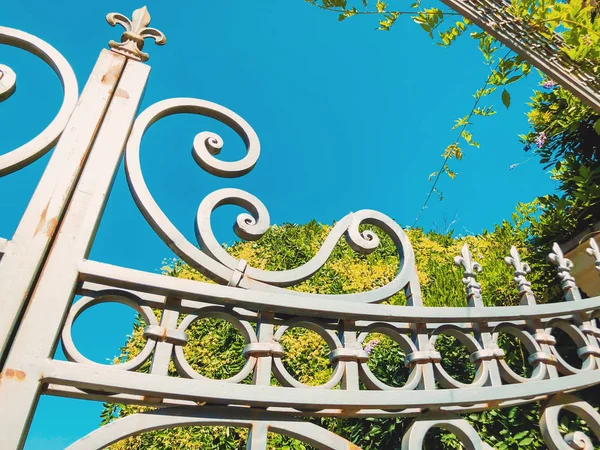 Botanik Bahçesi Tiflis girişi. Mavi gökyüzü güzel Iron gate. Şehirde yaz gün — Stok fotoğraf