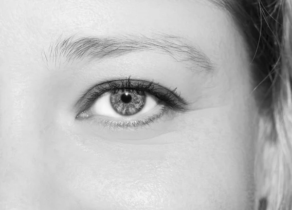 Um olhar bonito e perspicaz olho de mulher. Fechar tiro. — Fotografia de Stock