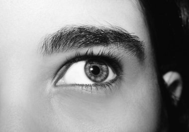 Güzel, anlayışlı bir kız gözü. Yakın çekim..