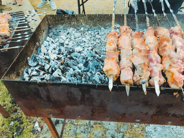 Ежегодный праздник "Тбилисоба". Грузинская кухня, свинина нарезана на кусочки, одетые с луком и перцем для жарки шашлыка — стоковое фото