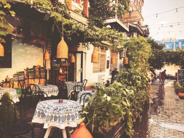 Tiflis, Gürcistan - 10 Temmuz 2018: Restoran dış Tiflis, Gürcistan.