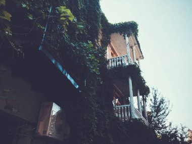 Eski Tbilisi mimarisi, pencere ve balkon dış dekor sonbahar günü içinde