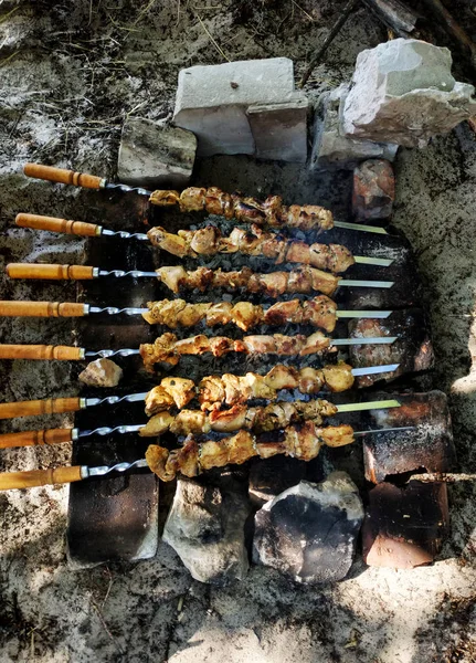 Brochettes de porc sur les brochettes. Brochettes presque cuites sur 8 brochettes — Photo