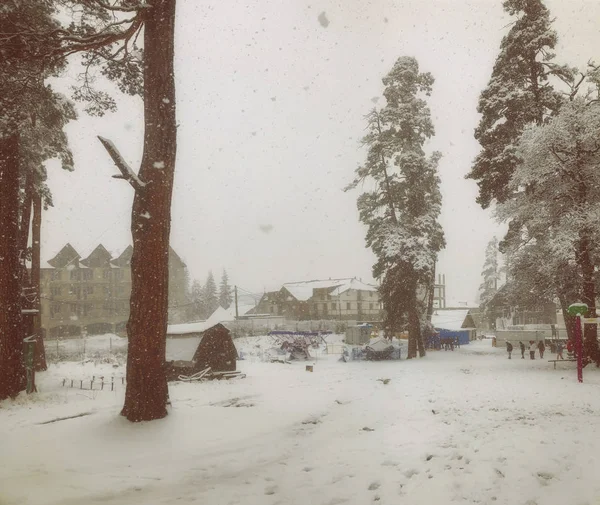 Mountain ski resort Bakuriani, Georgien. Den första snön i staden. Barn gå i snön — Stockfoto