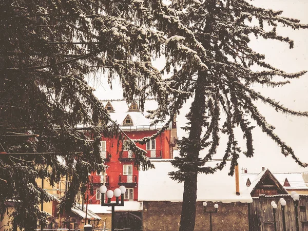 Nevado invierno mediodía. Árboles cubiertos de nieve, los techos de pequeñas casas en el patio. Estación de esquí de montaña Bakuriani — Foto de Stock
