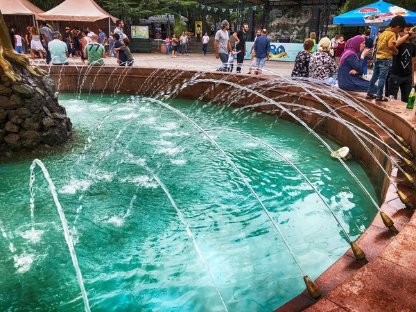 TBILISI, GEORGIEN - 22 juli 2018: Festival of Georgian cheese and cheese making in Mtatsminda Park on funicular in Tbilisi. Fontänen mitt i parken — Stockfoto