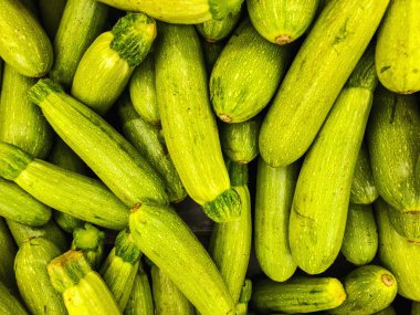 Yeşil taze lahana ve squash iliği satır toptan Market yığını. Sağlıklı doğal olgun sebze arka plan. 