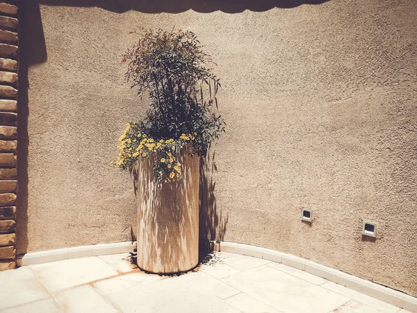 Uma coluna de flores na frente de uma parede de pedra — Fotografia de Stock