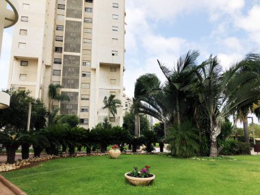 Rishon Le Zion, İsrail - 2 Ağustos 2018: Konut bina ve palmiye ağaçları Rishon Le Zion, İsrail