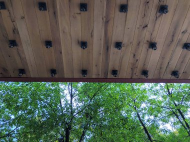 Yemyeşil ağaçlar ve üzerinde bina girişinde ahşap çatı