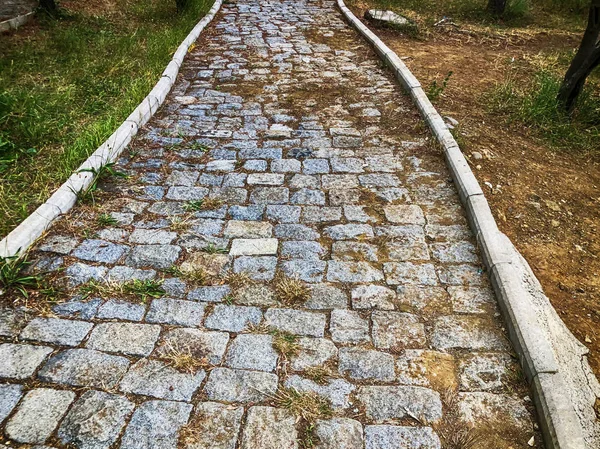 Kamienia pokryte chodnik, porośnięte trawą wśród kamieni. Road parku Mtatsminda na kolejki w Tbilisi — Zdjęcie stockowe