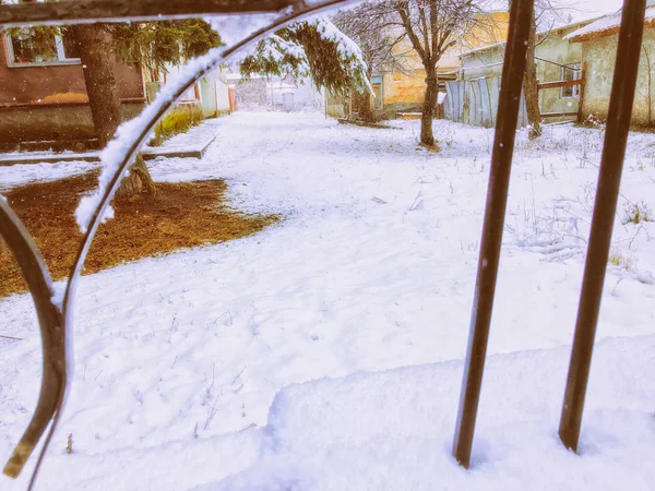 小さな庭の眺めは雪で覆われています。雪は、積雪の中の木を覆われました。山で冬の正午スキー リゾート バクリアニ — ストック写真