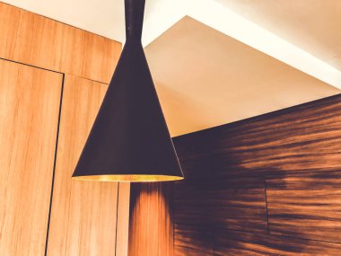 Siyah dekoratif lamba tavandan asılı. Evde modern avize.