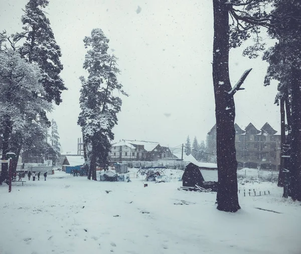 Mountain ski resort Bakuriani, Georgien. Den första snön i staden. Barn gå i snön — Stockfoto