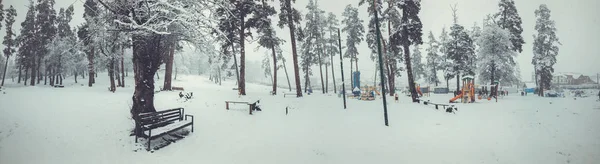 Nevicate. Alberi nella neve. I bambini camminano nella neve. Panchina nella neve sotto un albero. Comprensorio sciistico di montagna Bakuriani — Foto Stock