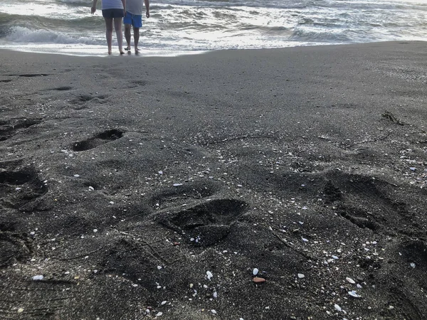 Роздуми людей, що стоять на березі моря. Блискучі хвилі на піщаному пляжі. Літній сонячний день, піщаний фон — стокове фото