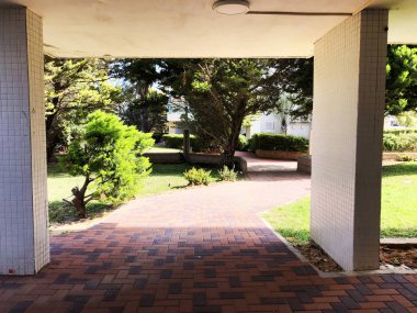 Bahçe ve bahçe bahçe üzerinde ağaçlar ve çim ile