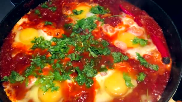 Shakshouka nebo shakshuka je severoafrický židovský pokrm z vajec vařených v omáčce z rajčat, chilli papriček a cibule, často kořeněných kmínem. — Stock video