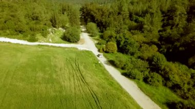 BET SHEMESH, ISRAEL-MARCH 31, 2018: Ormanda kır yolunda araba sürerken hava manzarası. 