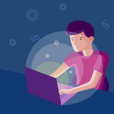 Dizüstü bilgisayar ile bir masada oturan kişi. Düz stil renk modern vektör çizim. EPS 10.