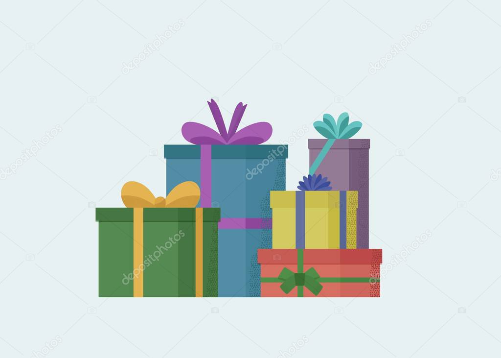 Array of packaged gifts with different bows. Vector flat illustration. Eps 10.