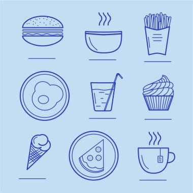 Gıda simgeler vektör Illustration. Hamburger, kızarmış yumurta, pizza, plaka, sıcak çorba, sıcak çay, dondurma, cupcake, Fransız kızartması, maden suyu, cam, kupa. EPS 10.