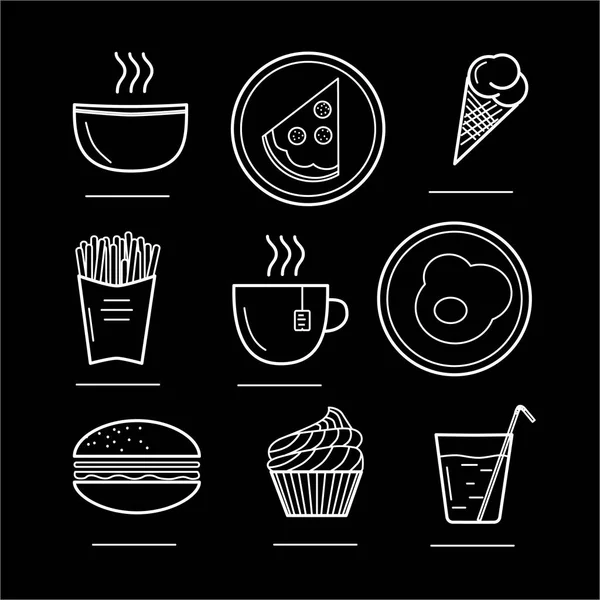 Gıda simgeler vektör Illustration. Hamburger, kızarmış yumurta, pizza, plaka, sıcak çorba, sıcak çay, dondurma, cupcake, Fransız kızartması, maden suyu, cam, kupa. EPS 10. Siyah-beyaz yürütme.