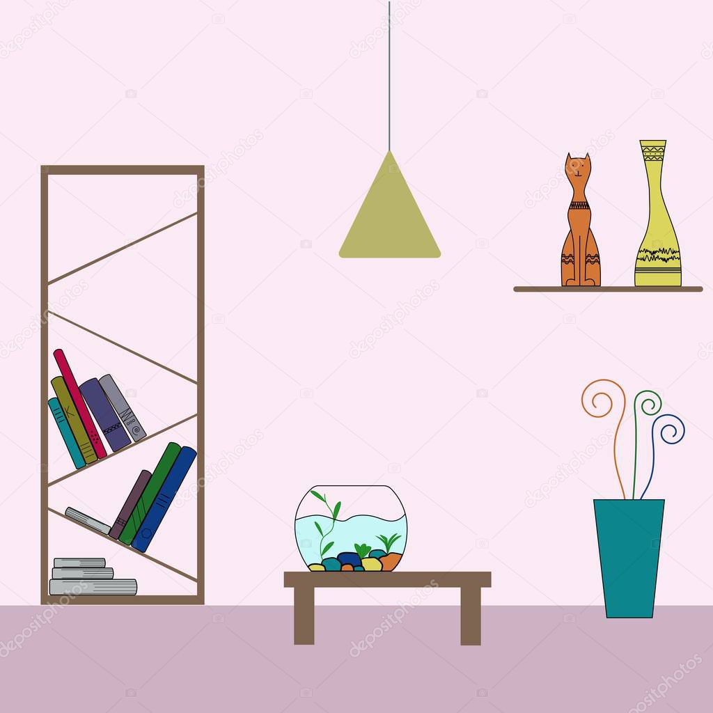 Home decoration colorful execution. Shelf, books, figurine, cat, moneybox, aquarium, flower, cactus, flowerpot, book shelf, table, lamp. Vector flat illustration. Eps 10