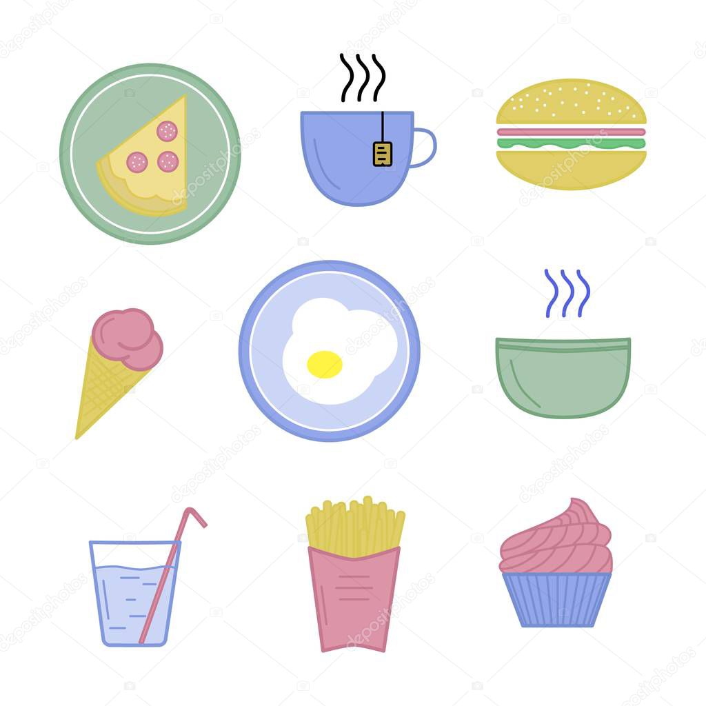 Vector illustration of food icons. Hamburger, fried eggs, pizza, plate, hot soup, hot tea, ice cream, cupcake, French fries, mineral water, glass, mug. Eps 10.