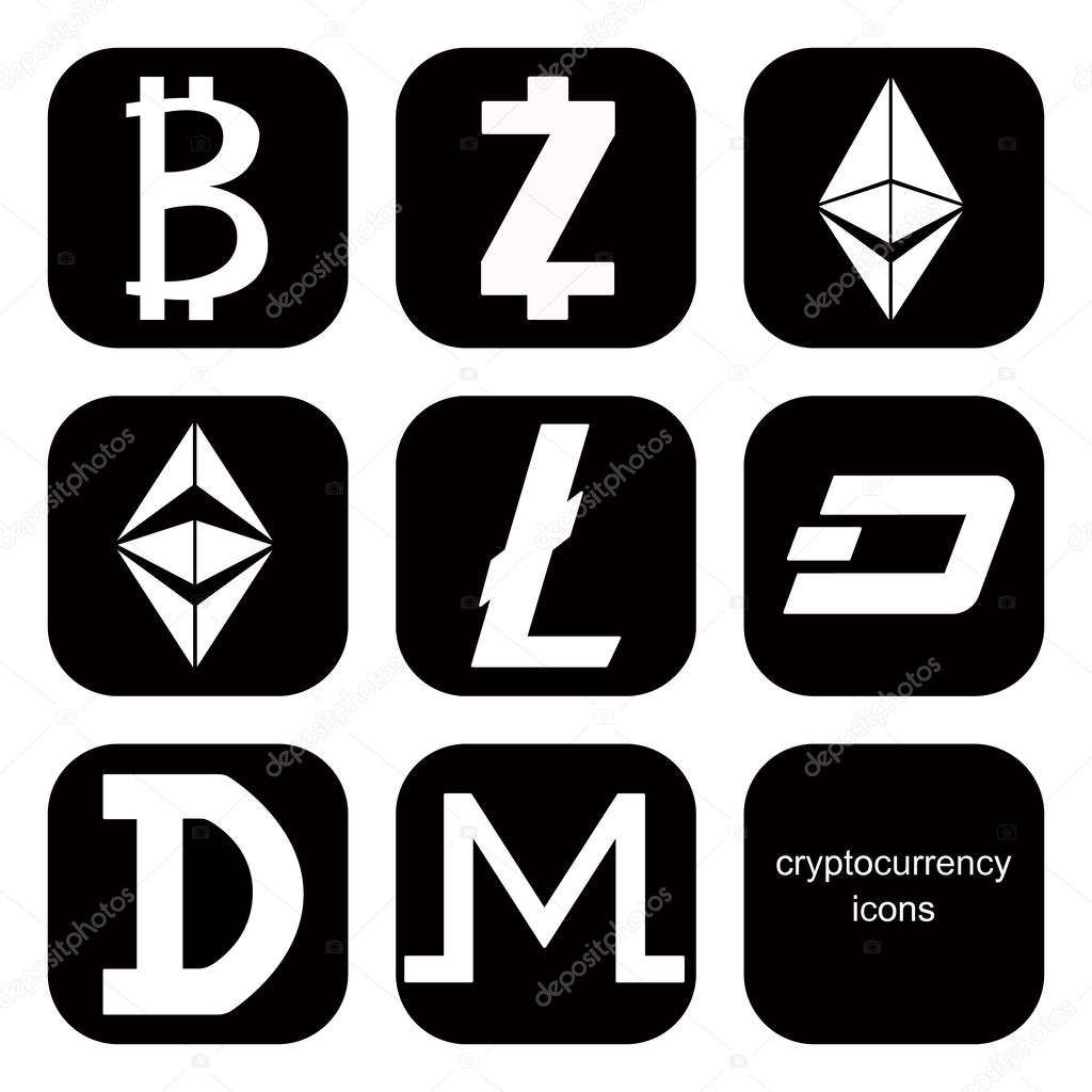 Cryptocurrency icons set for internet money. Vector icons. Black-and-white execution. Bitcoin, ethereum, monero, zcash, ethereum classic, dogecoin,  litecoin, dashcoin.