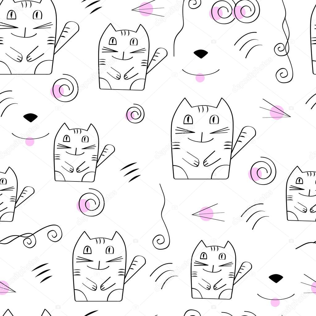 Seamless pattern with cartoon cute cats. Vektor illustration. White background. Creative nursery background. Can be used  for kids design, fabric, wrapping, wallpaper, textile, apparel.