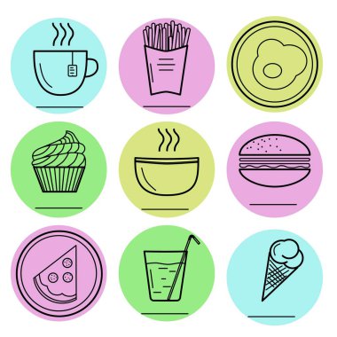 Gıda simgeler vektör Illustration. Hamburger, kızarmış yumurta, pizza, plaka, sıcak çorba, sıcak çay, dondurma, cupcake, Fransız kızartması, maden suyu, cam, kupa. EPS 10. Modern tasarım.
